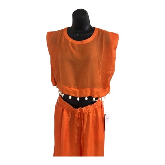 Orange 2 piece sheer cowrie shell adorned crop top and split leg pants beach set - Picture 10 of 17